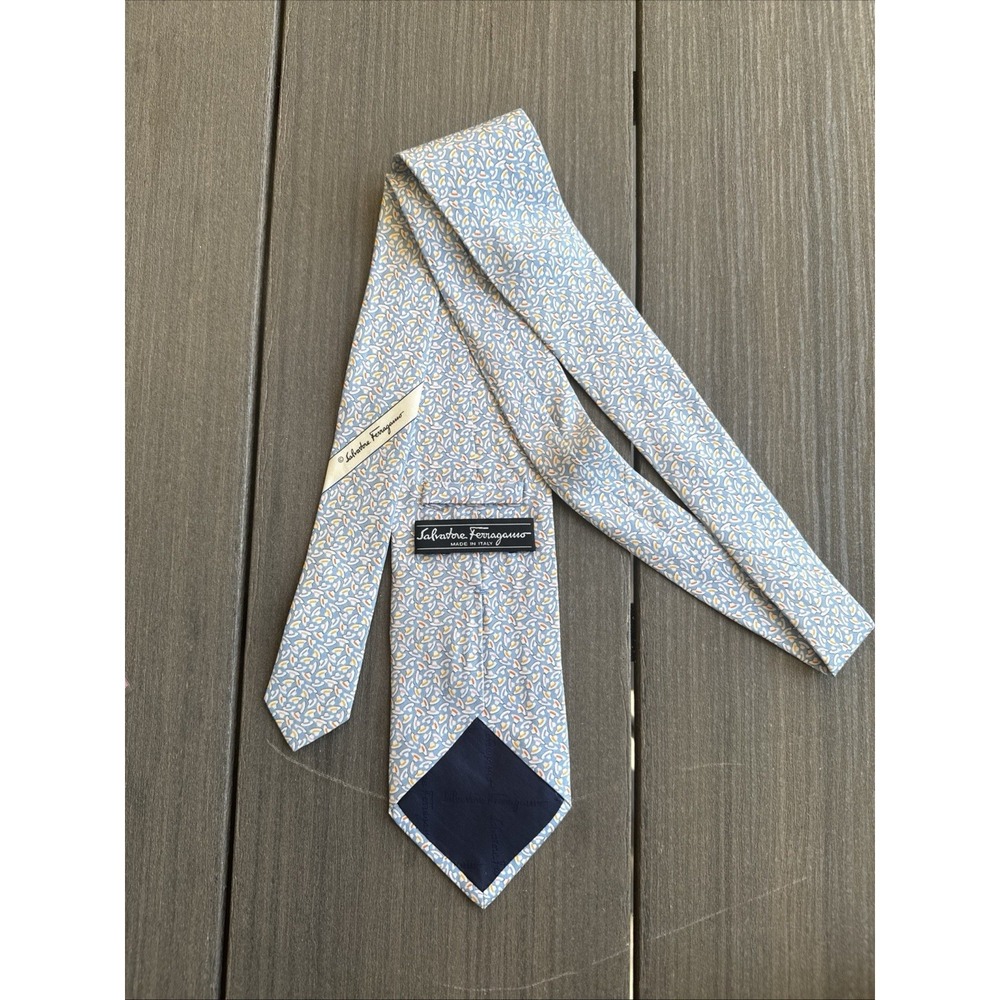 Salvatore Ferragamo Light Blue Silk Necktie Italy Micro Print Luxury Mens - Picture 4 of 10